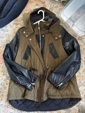 Zara Olive Green Parka Jacket with Black Faux Leather Sleeves
